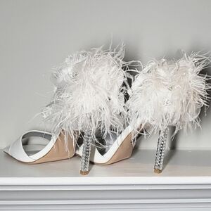 Azalea Wang Clarice Feather Sandal with Rhinestone Stiletto Heel